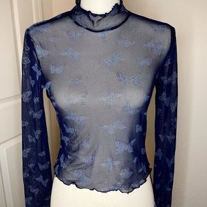 Sheer long sleeve blouse w/ butterflies